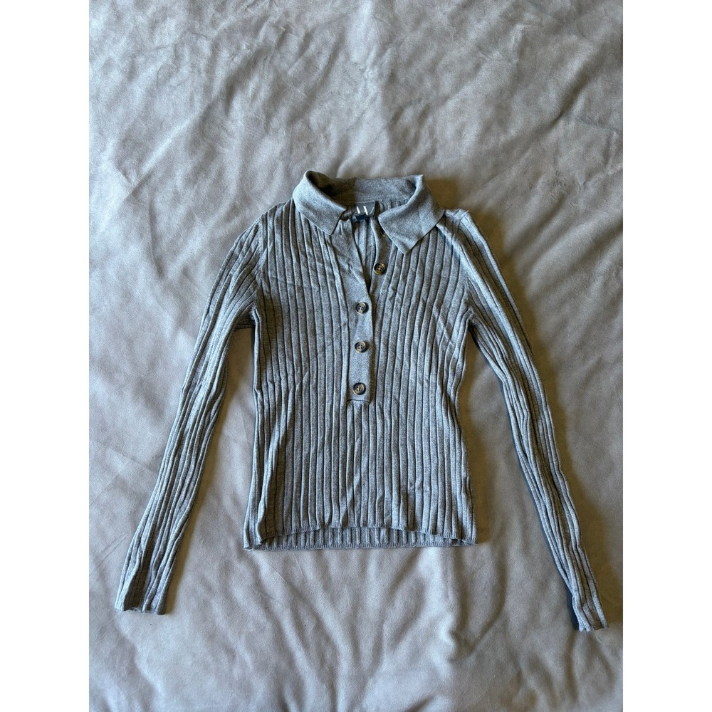 Worthington Gray Ribbed Long Sleeve Polo Sweater Henley Top Small